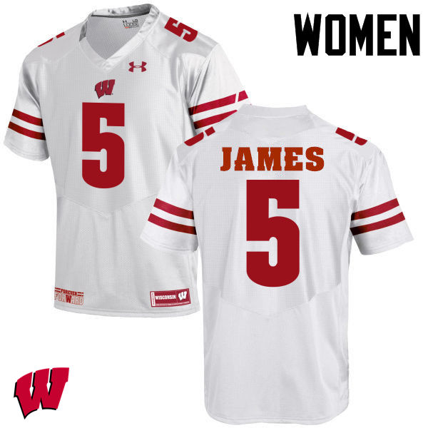 Women Wisconsin Badgers #5 Chris James College Football Jerseys-White - Click Image to Close